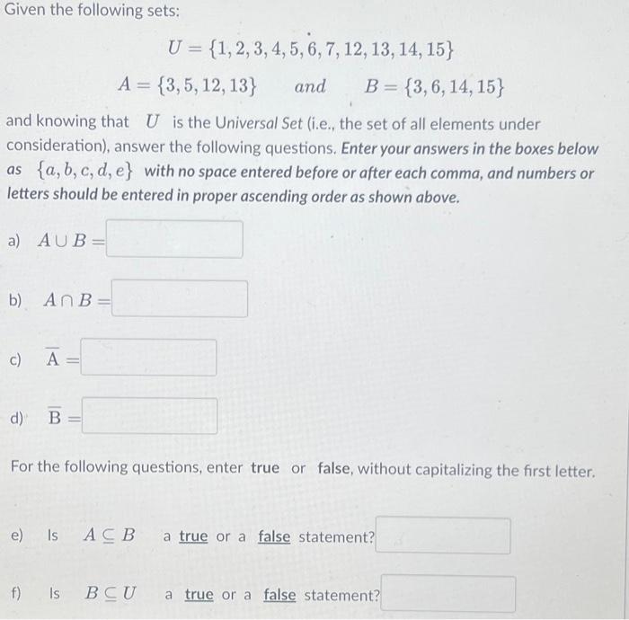 Solved Given The Following Sets: | Chegg.com