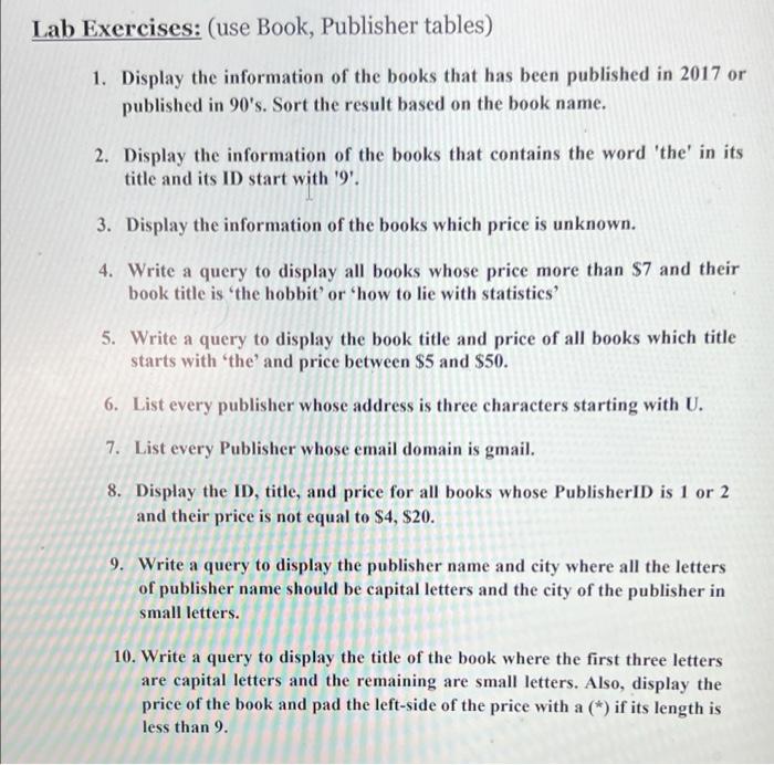 Solved Lab Exercises: (use Book, Publisher tables) 1. | Chegg.com