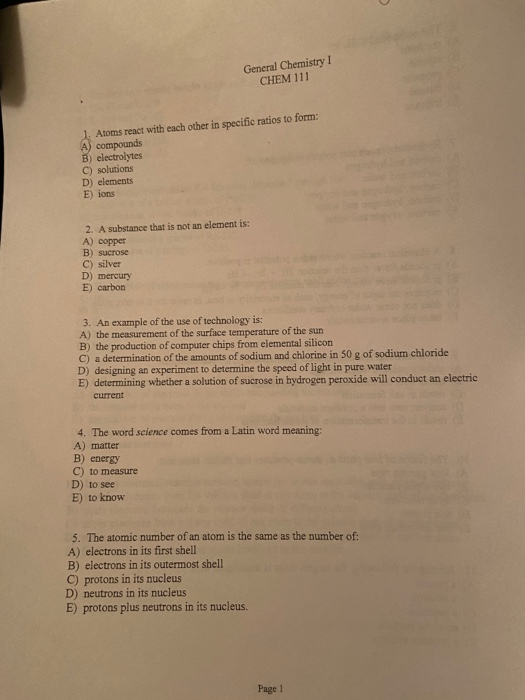 Solved General Chemistry 1 CHEM 111 1. Atoms react with each | Chegg.com