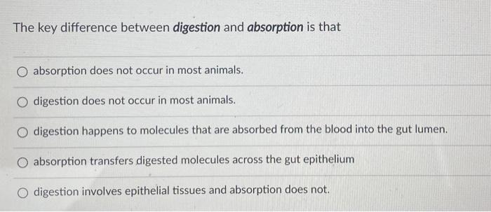 Solved The key difference between digestion and absorption | Chegg.com