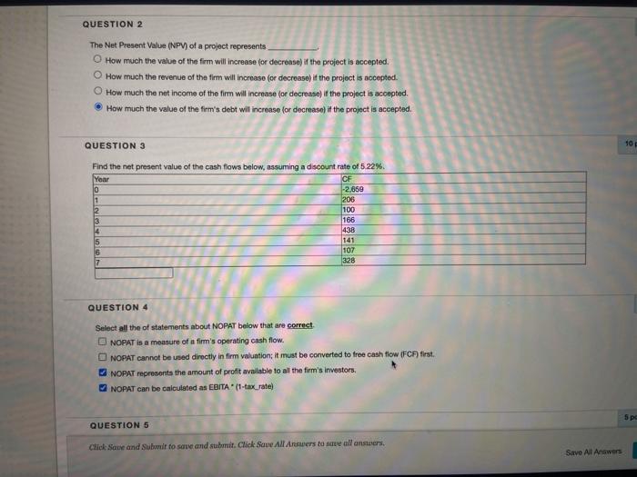Solved QUESTION 2 The Net Present Value (NPV) of a project | Chegg.com