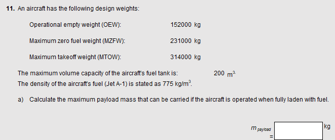 Solved 11. An aircraft has the following design weights: | Chegg.com