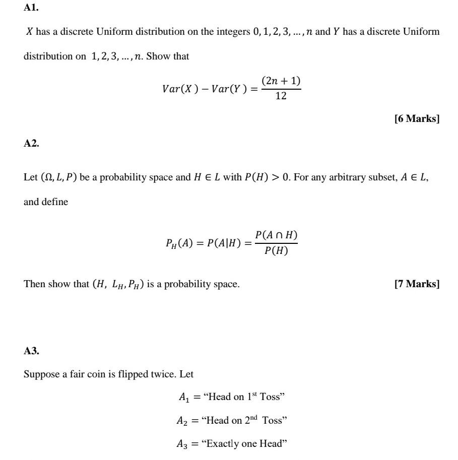 Solved A1. X has a discrete Uniform distribution on the | Chegg.com