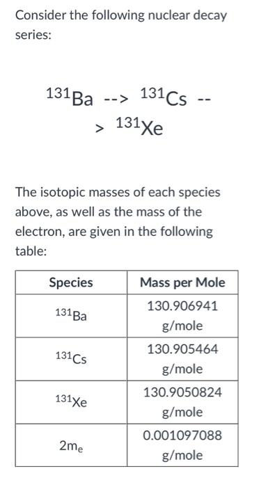 Solved Consider the following nuclear decay series: 131Ba | Chegg.com