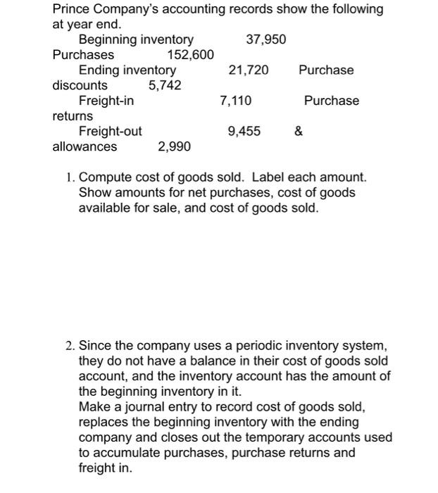 Solved Prince Company's accounting records show the
