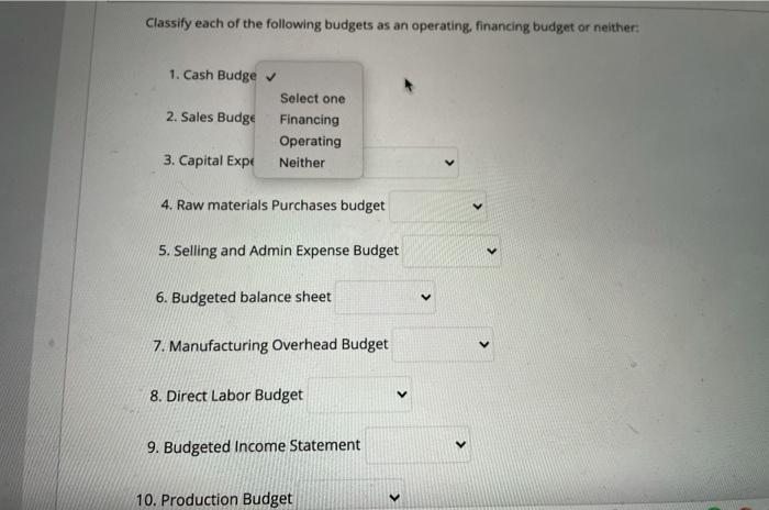 Solved Classify Each Of The Following Budgets As An | Chegg.com