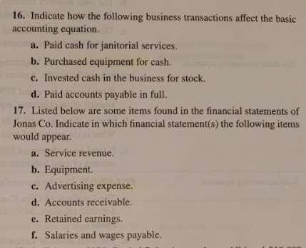 Solved 16. Indicate how the following business transactions | Chegg.com