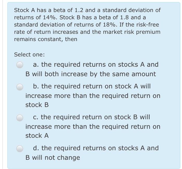 Solved Stock A has a beta of 1.2 and a standard deviation of