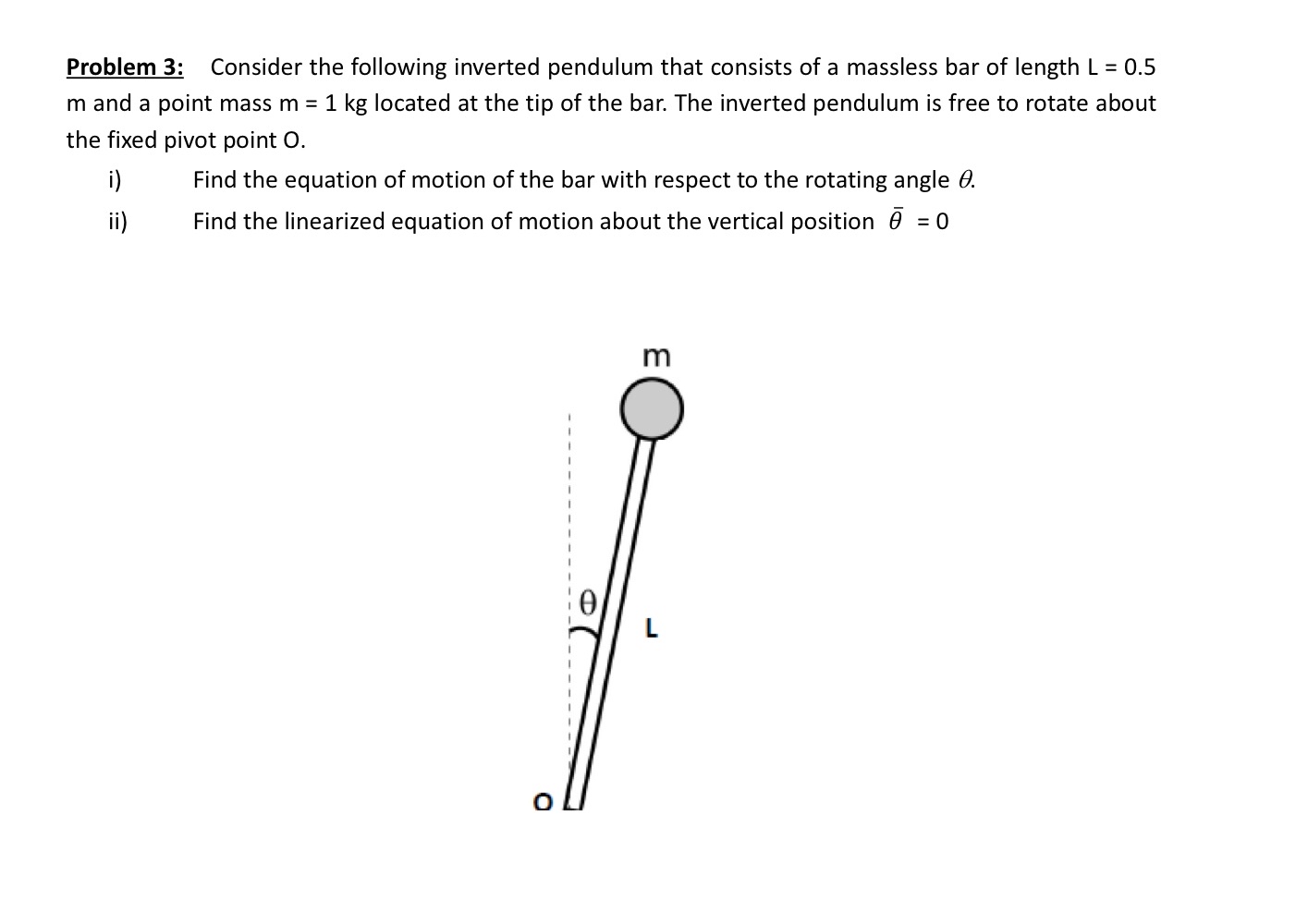 Solved Problem 3: Consider the following inverted pendulum | Chegg.com