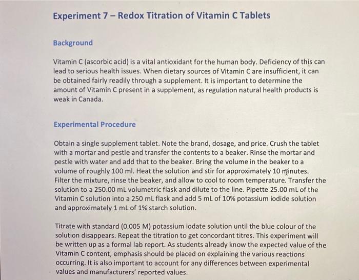 Solved Experiment 7 Redox Titration of Vitamin C Tablets
