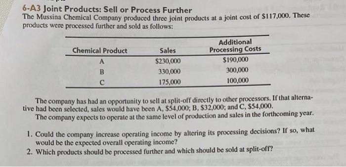 Solved 6-A3 Joint Products: Sell Or Process Further The | Chegg.com