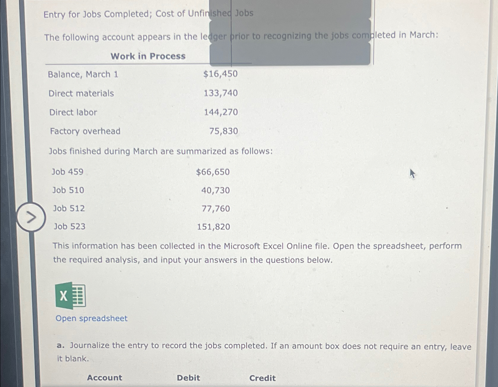 Entry for Jobs Completed; Cost of Unfinished Jobs The | Chegg.com