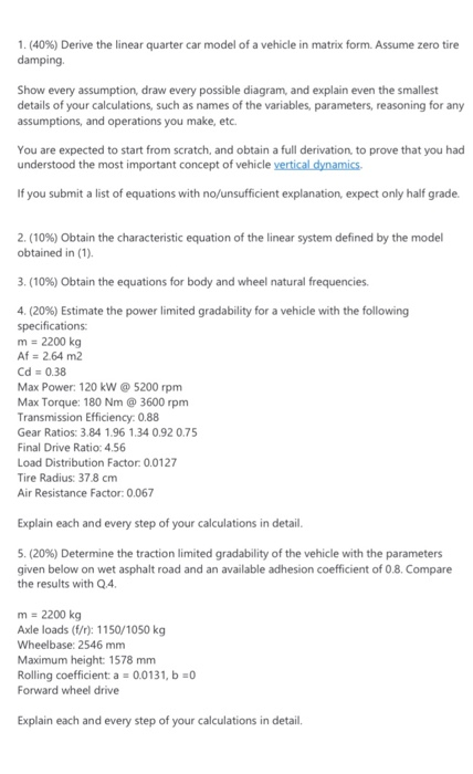 1. (40%) Derive the linear quarter car model of a | Chegg.com