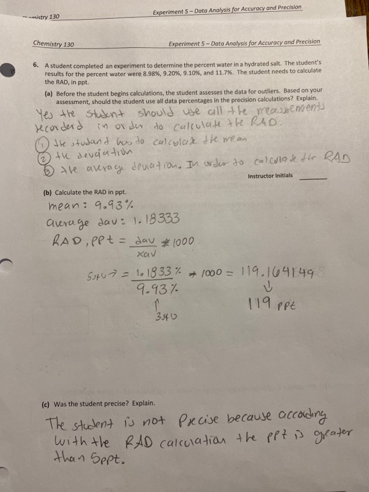 Solved Experiment 5 Data Analysis For Accuracy And Precision Chegg