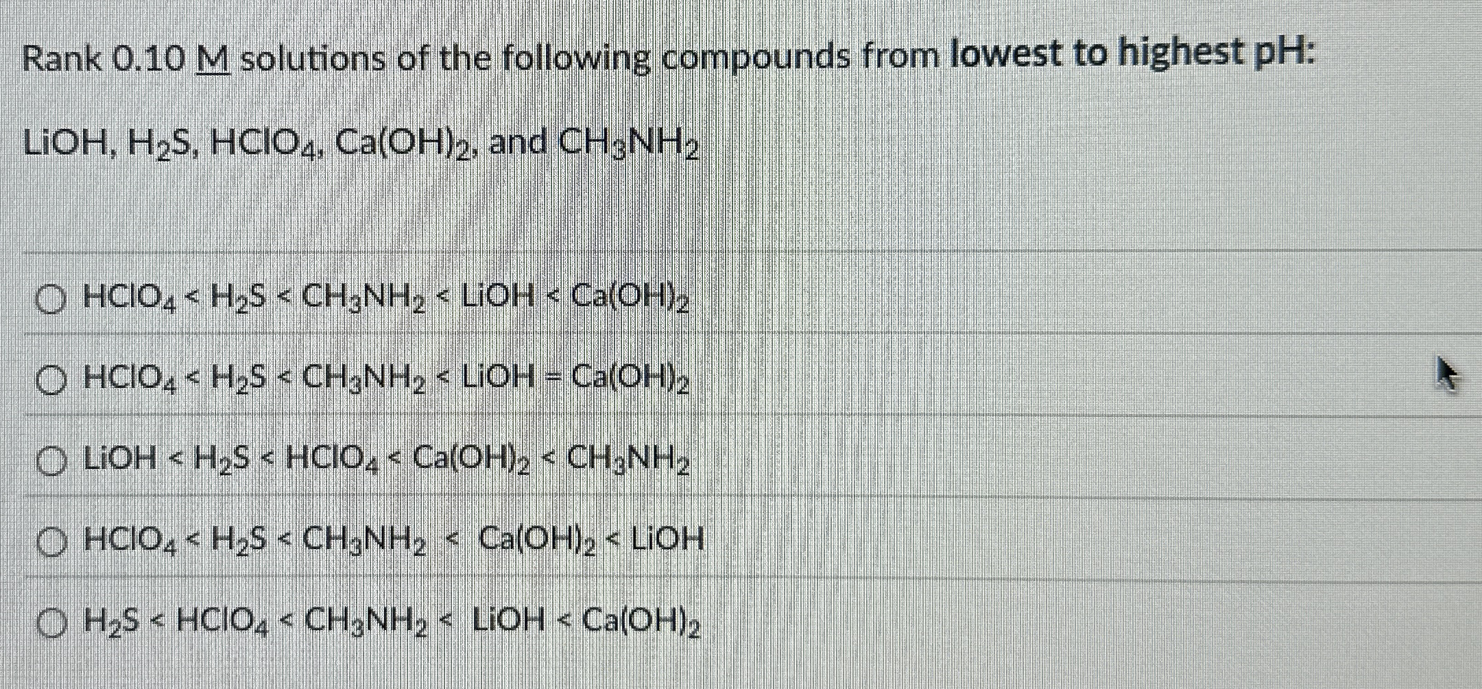 Solved Rank 0.10 ﻿M solutions of the following compounds | Chegg.com
