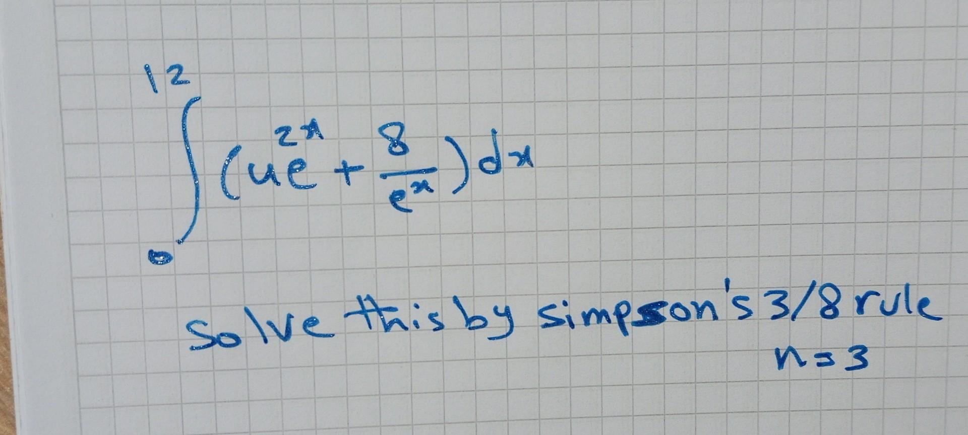 Solved ∫012(u2x+ex8)dx Solve this by simpson's 3/8 rule n=3 | Chegg.com