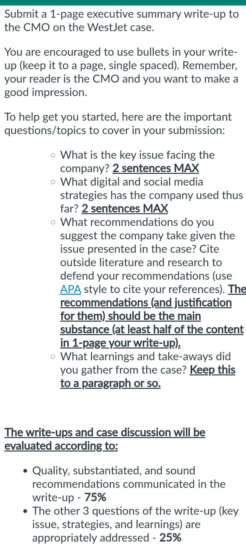 Submit a 1page executive summary writeup to the CMO