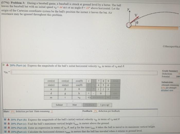 Solved (17%) Problem 3: During a baseball game, a baseball | Chegg.com