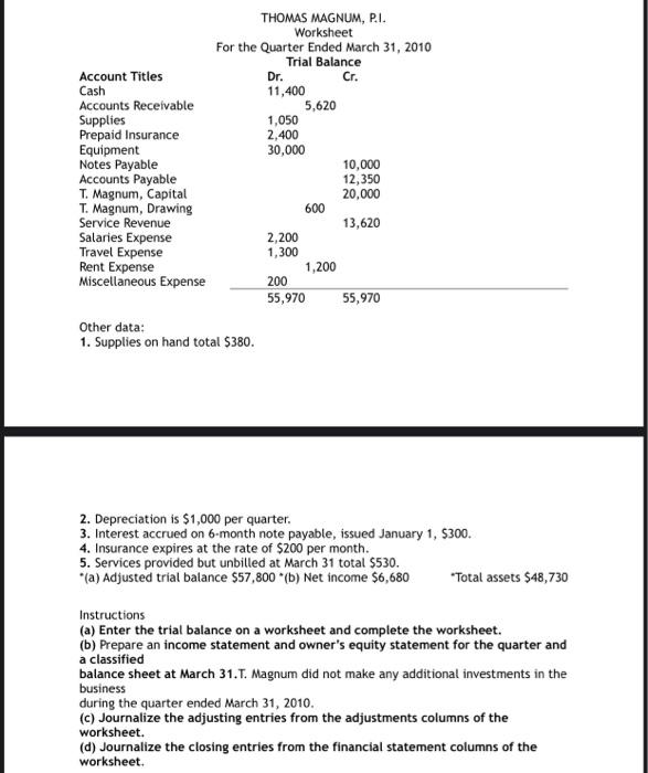 Solved Dr Thomas Magnum P I Worksheet For The Quarter Chegg Com