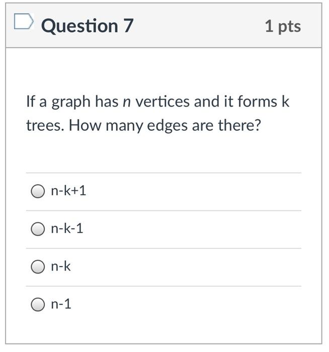Solved Question 7 1 pts If a graph has n vertices and it | Chegg.com