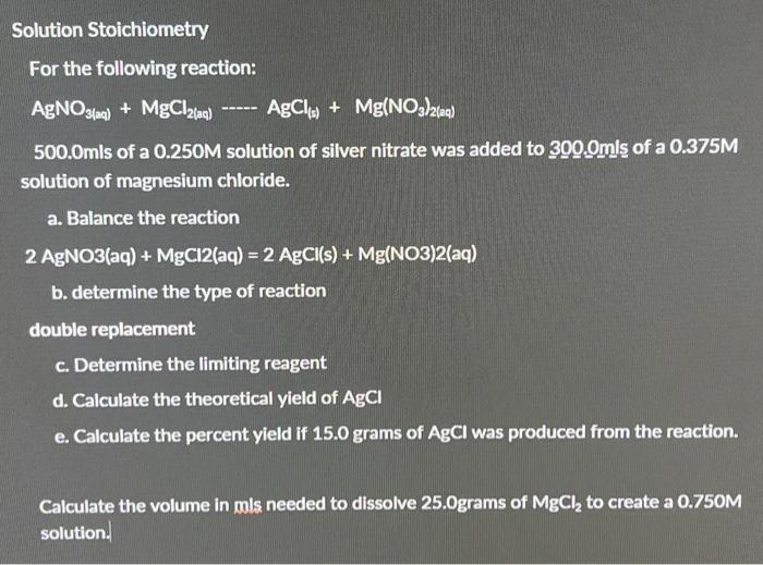 Solved Solution Stoichiometry For The Following Reaction: | Chegg.com