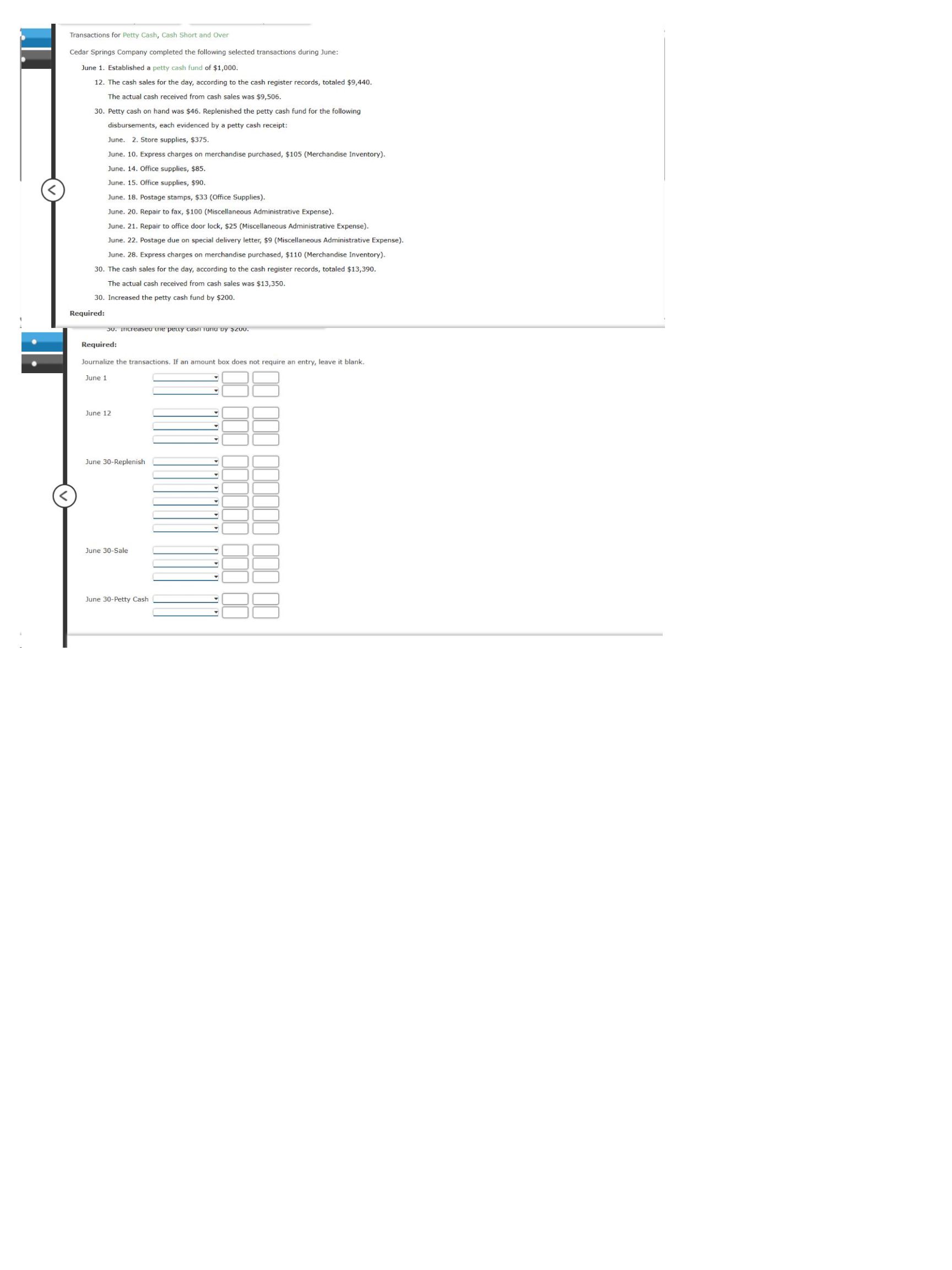Solved Transactions for Petty Cash, Cash Short and OverCedar | Chegg.com