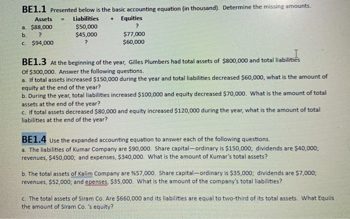 Solved + BE1.1 Presented Below Is The Basic Accounting | Chegg.com