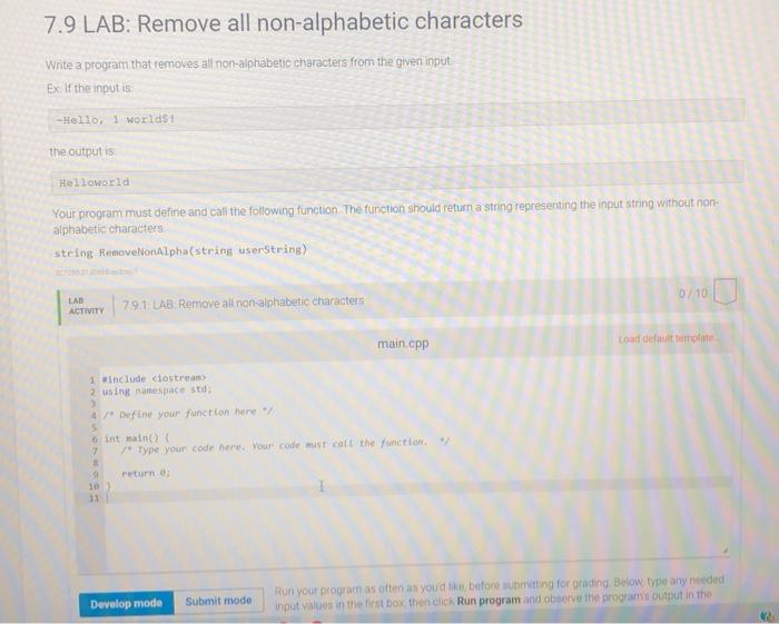 Solved 7 9 LAB Remove All Non alphabetic Characters Write A Chegg