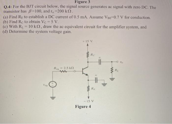 Solved Figure 3 Q.4: For the BJT circuit below, the signal | Chegg.com