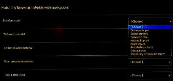 Solved Match the following materials with applications | Chegg.com
