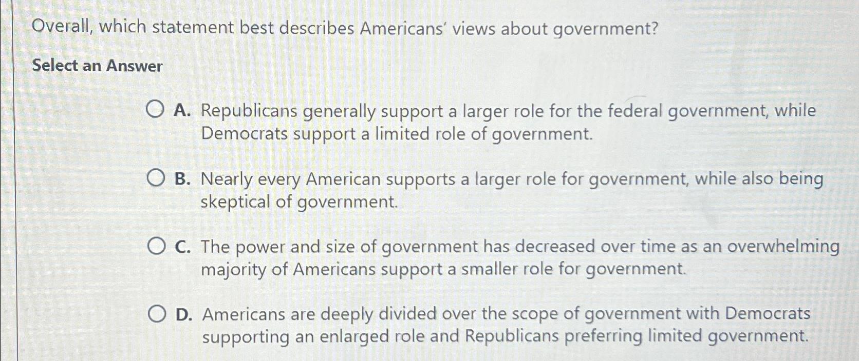 Solved Overall, which statement best describes Americans' | Chegg.com