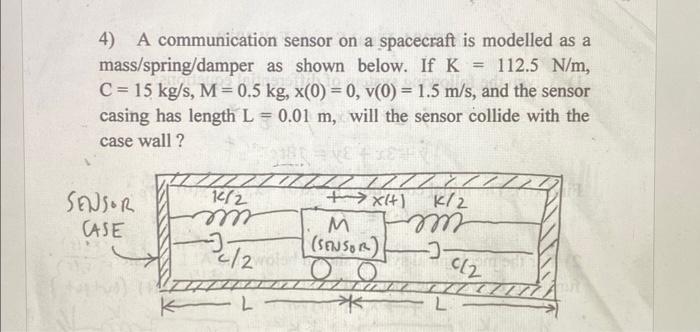 4) A communication sensor on a spacecraft is modelled as a mass/spring/damper as shown below. If \( \mathrm{K}=112.5 \mathrm{