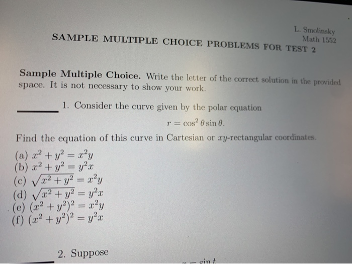 Smoley's Math Solved L. Smolinsky Math 1552 SAMPLE MULTIPLE CHOICE | Chegg.com