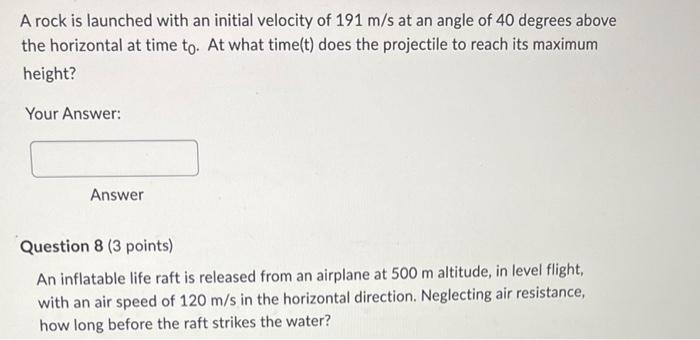 Solved A rock is launched with an initial velocity of 191 | Chegg.com