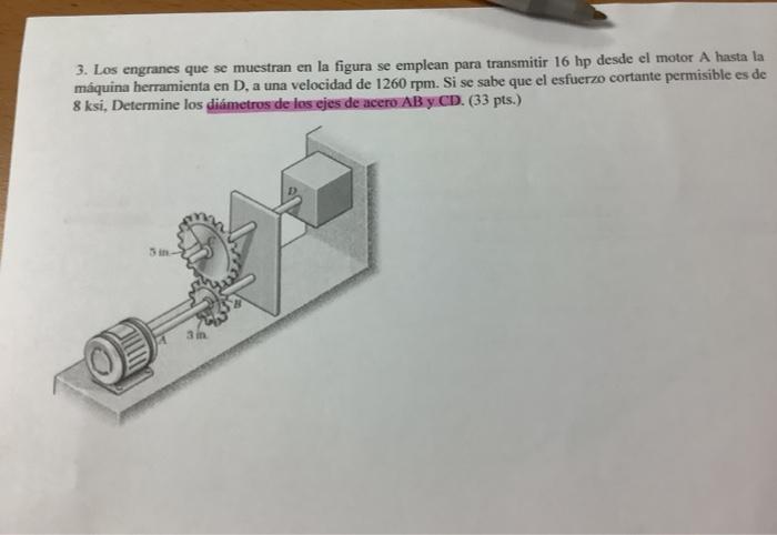 3. Los engranes que se muestran en la figura se emplean para transmitir 16 hp desde el motor A hasta la máquina herramienta e