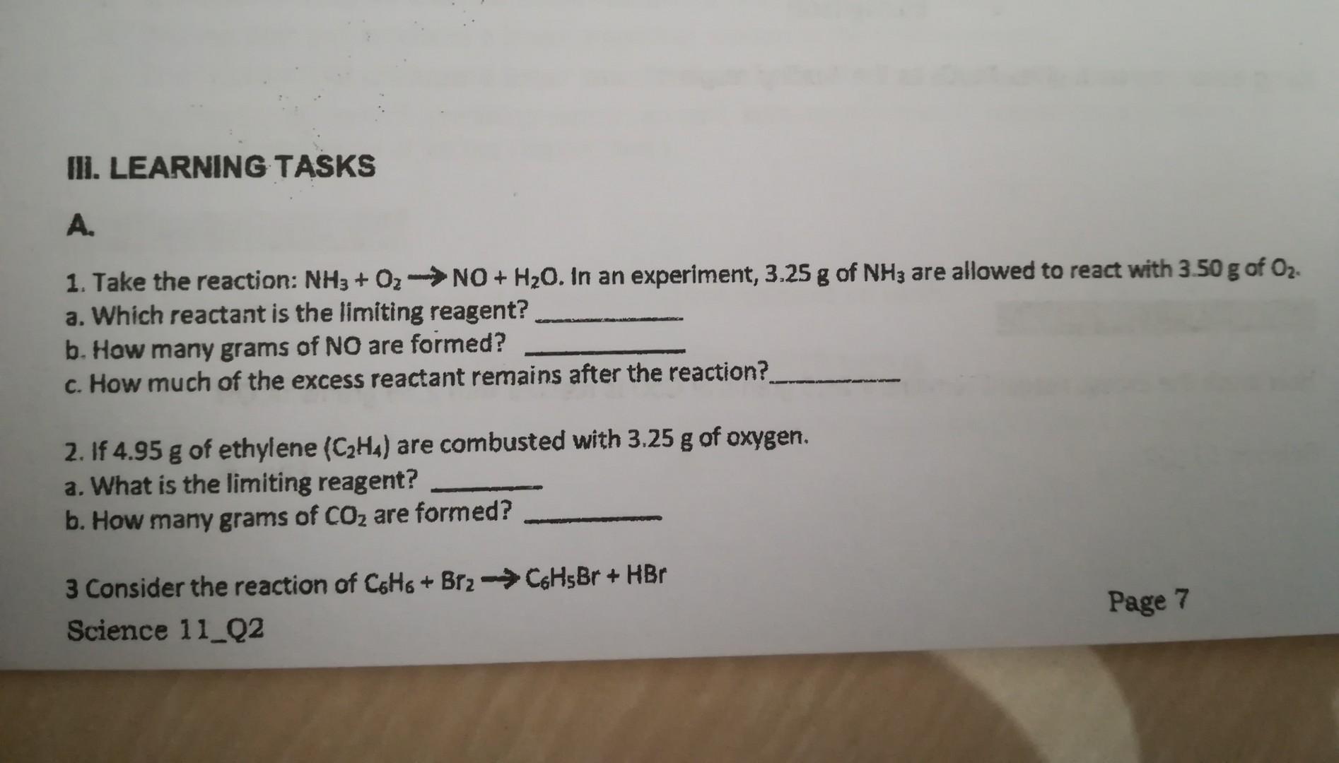 Solved Hli. LEARNING TASKS A. 1. Take the reaction NH3 O2