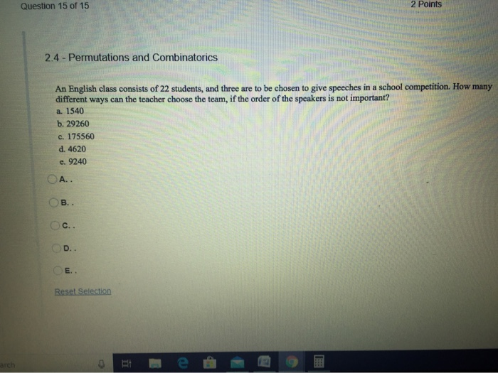Solved Question 15 of 15 2 Points 2.4 - Permutations and | Chegg.com