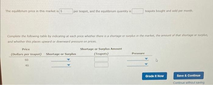 per teapot, and the equilibrium quantity is teapots bought and sold per month.
The equilbrium price in this market is
Complet