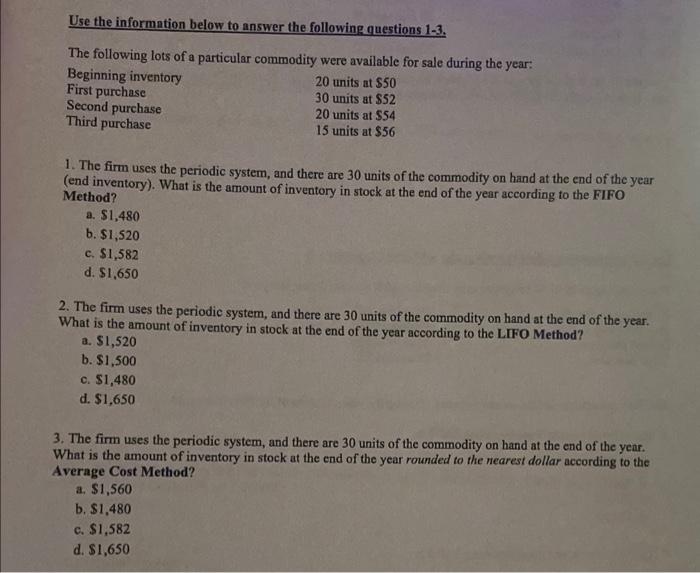 Solved Use the information below to answer the following | Chegg.com