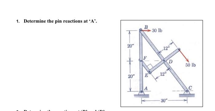 Solved 1. Determine the pin reactions at 'A'. B -30 lb 20