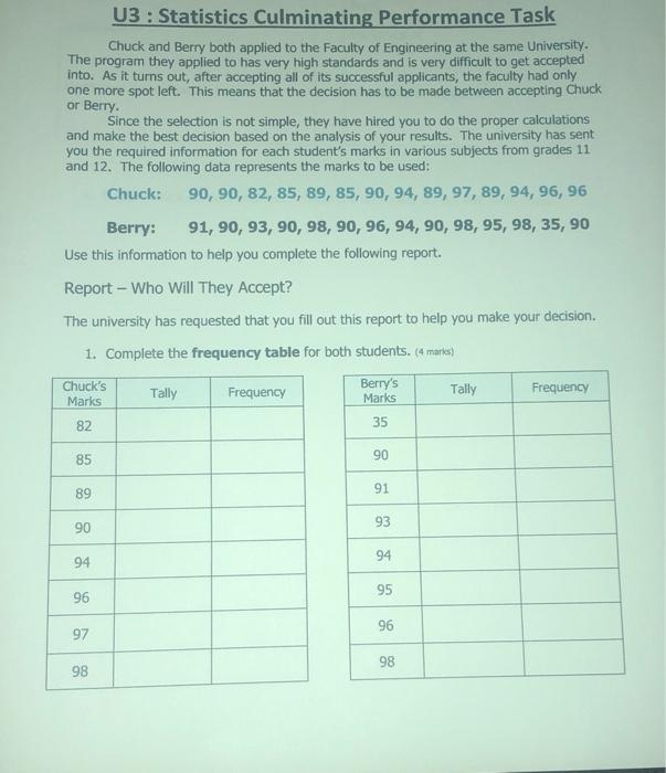 Solved U3 : Statistics Culminating Performance Task Chuck | Chegg.com