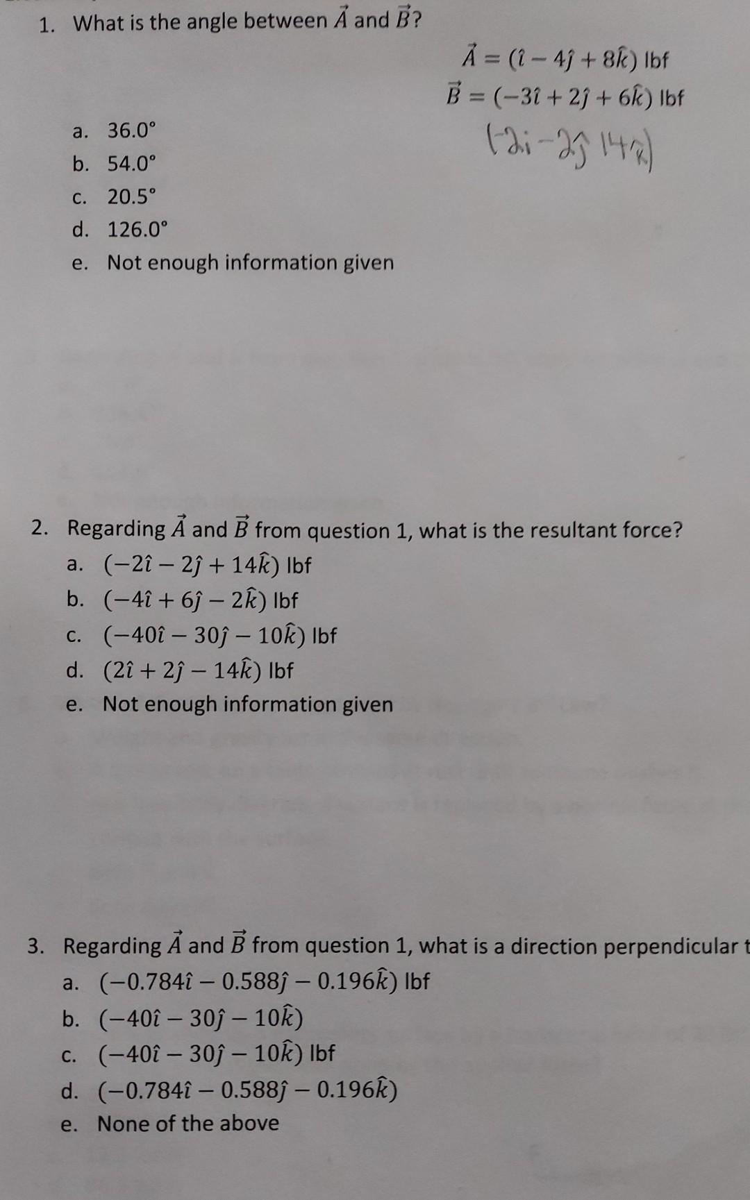 Solved 1. What is the angle between A and B ? | Chegg.com