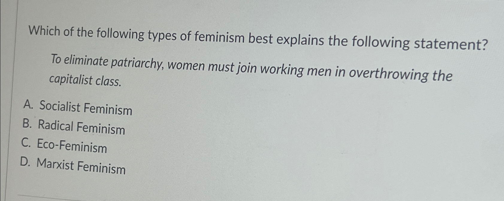 Solved Which Of The Following Types Of Feminism Best | Chegg.com