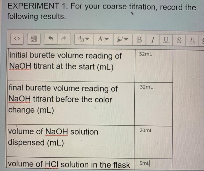 Solved Experiment 1 Perform a Coarse Titration 1. Take a