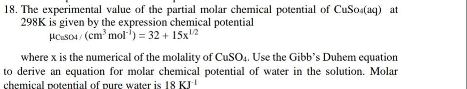 Solved The experimental value of the partial molar chemical | Chegg.com