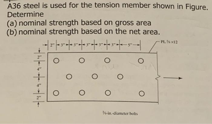 A36 steel is used for the tension member shown in Figure.
Determine
(a) nominal strength based on gross area
(b) nominal stre