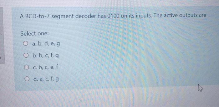 Solved A d To 7 Segment Decoder Has 0100 On Its Inputs Chegg Com