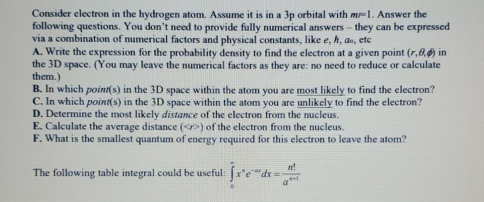 Solved Consider electron in the hydrogen atom. Assume it is | Chegg.com