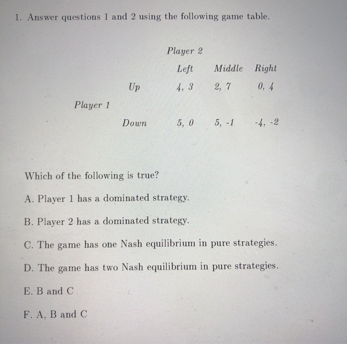 Solved 1. Answer questions 1 and 2 using the following game | Chegg.com
