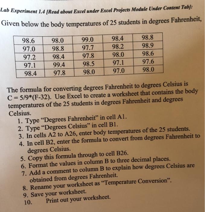 Lab Experiment 1.4 [Read about Excel under Excel | Chegg.com